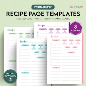 Szablon strony z przepisami do wydrukowania w formacie PDF, Arkusz przepisów, Strona planera przepisów, Książka przepisów | A4 A5 Letter Half Letter Happy Planner