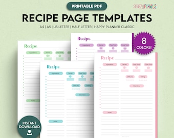 Recipe Page Template Printable PDF, Recipe Sheet, Recipe Planner Page, Recipe Book | A4 A5 Letter Half Letter Happy Planner