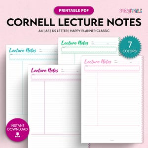 Wydrukowane notatki z wykładów, szablon notatek Cornell, papier do notatek w linie, kodowany kolorami, planer college'u | A4, A5, list US, szczęśliwy planer