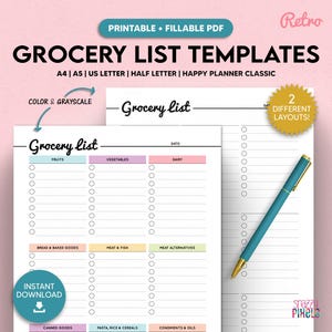 Plantilla imprimible de lista de compras, planificador de compras, lista de compras de alimentos, A4/A5/carta de EE. UU./media carta/planificador Happy Classic, PDF rellenable