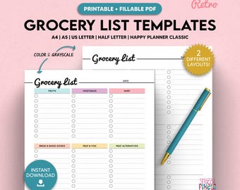 Grocery List Printable Template, Grocery Planner, Food Shopping List, A4/A5/US Letter/Half Letter/Happy Planner Classic, Fillable PDF