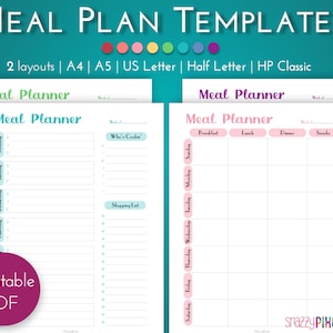 Weekly Meal Plan Templates, Printable Weekly Meal Planner, Menu Planner, Weekly Meal List | A4, A5, Letter, Half Letter, Happy Planner