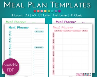 Weekly Meal Plan Templates, Printable Weekly Meal Planner, Menu Planner, Weekly Meal List | A4, A5, Letter, Half Letter, Happy Planner