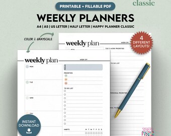 Weekly Planner Printable, Fillable PDF, Undated Organizer (Classic)
