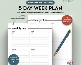5 Day Weekly Plan Printable Fillable PDF, Work Student Planner, Weekly Desk Organizer Schedule, Weekly Agenda To Do List, Planner Inserts
