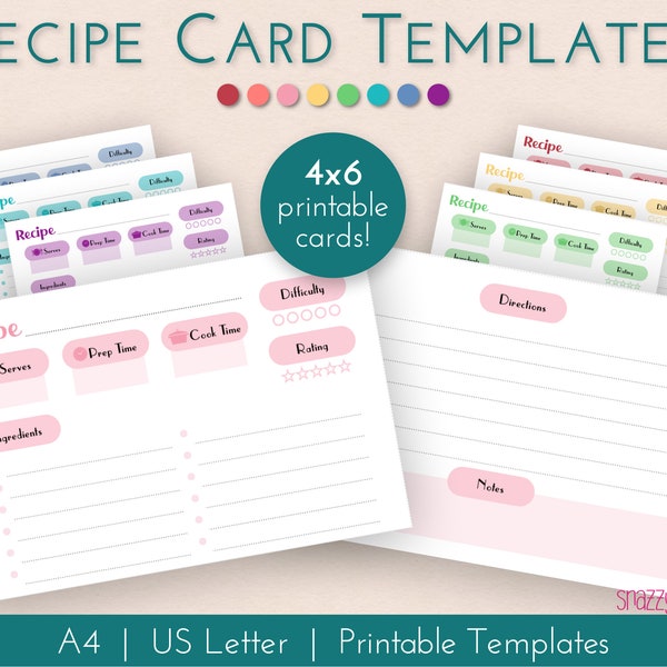 Recipe Card Templates Printable PDF, 4x6 Recipe Cards, Recipe Book, Recipe Template | Prints on A4 and US Letter