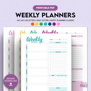 Weekly Planner Printable PDF (Color), Weekly Schedule, Week Organizer, Planner Insert, Work Planner | A4 A5 Letter Half Letter Happy Planner