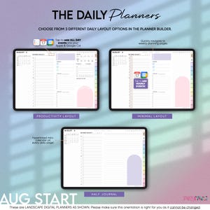 Pode incluir: Tr&ecirc;s telas de tablet digital exibindo THE DAILY Planners com diferentes layouts: Produtividade, Minimalista e Meio Di&aacute;rio. Cada tela mostra p&aacute;ginas de calend&aacute;rio de agosto com hor&aacute;rios, listas de tarefas e &iacute;cones interativos para Apple e Google Cal.