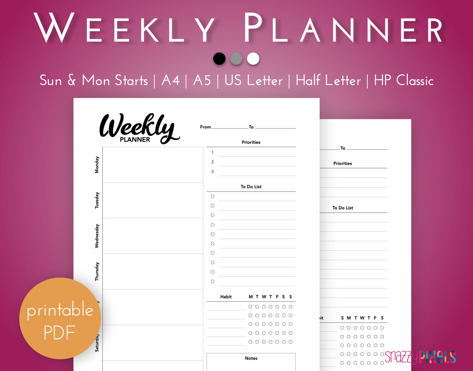 Weekly Planner Printable PDF B&W Weekly Schedule Week - Etsy