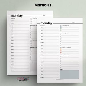 May include: Printable Monday planner with a daily schedule, top 3 work priorities, work to do list, top 3 personal priorities, personal to do list, and notes sections. The planner has a simple design with black text and lines on a white background.
