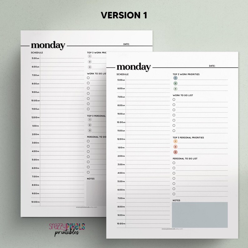 May include: Printable Monday planner with a daily schedule, top 3 work priorities, work to do list, top 3 personal priorities, personal to do list, and notes sections. The planner has a simple design with black text and lines on a white background.