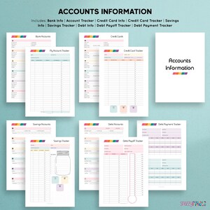May include: Printable budget tracker pages with colorful rainbow borders. The pages include sections for bank accounts, credit cards, savings accounts, debt accounts, and debt payment tracking.