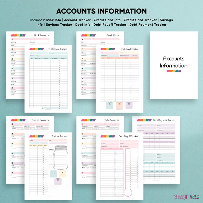 May include: Printable budget tracker pages with colorful rainbow borders. The pages include sections for bank accounts, credit cards, savings accounts, debt accounts, and debt payment tracking.