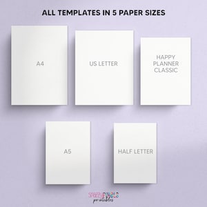 May include: Five different paper sizes are shown as white rectangles with text indicating the size. The sizes are A4, US Letter, Happy Planner Classic, A5, and Half Letter.