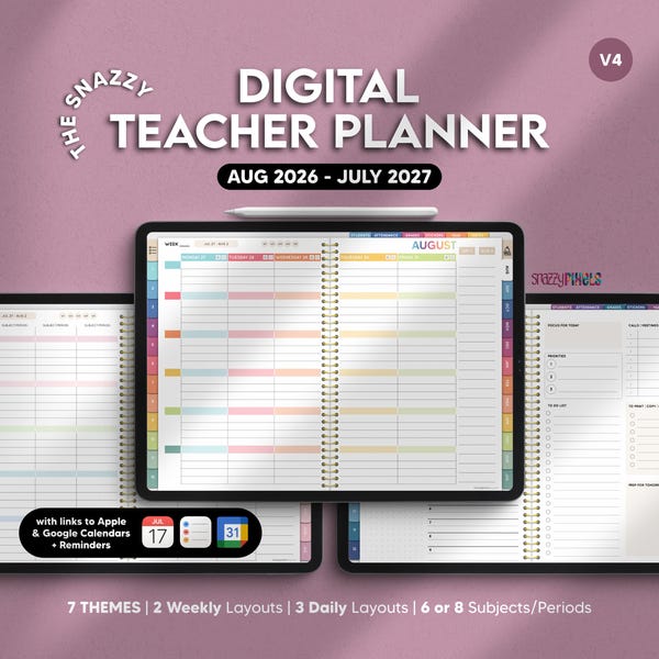 Digital Teacher Planner AUGUST 2026 - JULY 2027 DATED, Lesson Academic Planner, for Goodnotes iPad Samsung Noteshelf Penly Notability