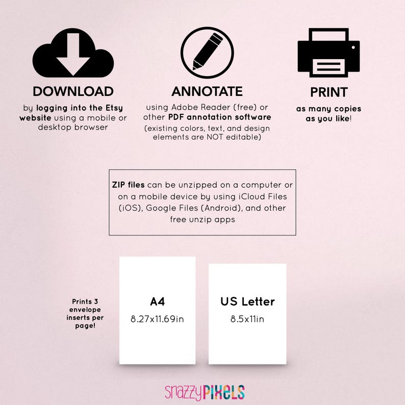 Op de afbeelding: Een roze en witte afbeelding met instructies over het downloaden, annoteren en afdrukken van digitale afdrukbare bestanden. De afbeelding bevat pictogrammen voor downloaden, annoteren en afdrukken. De afbeelding bevat ook informatie over de verschillende formaten van de afdrukbare bestanden, waaronder A4 (8,27 x 11,69 inch) en US Letter (8,5 x 11 inch).