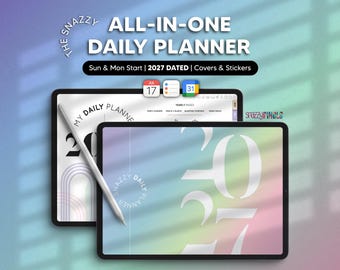 Peut inclure: Un agenda numérique quotidien affiché sur deux tablettes avec un stylet. L'écran affiche le texte THE SNAZZY ALL-IN-ONE DAILY PLANNER, 2027 DATED, Sun & Mon Start, Covers & Stickers. L'interface présente un arrière-plan en dégradé coloré.