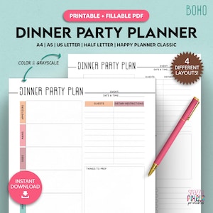 Modelo de planejador de jantar para impressão, plano de menu de jantar, planejador de alimentos, planejador de eventos, A4/A5/carta/tamanho médio/planejador feliz, PDF preenchível