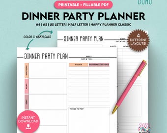 Dinner Party Planner, Menu, Guest List (Fillable PDF)