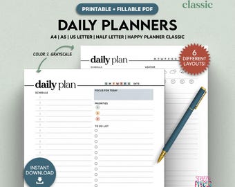 Printable Daily Planner Fillable, Daily To Do List Schedule, Minimalist Planner, Undated Planner, A5/Half Size/A4/Letter/Happy Planner