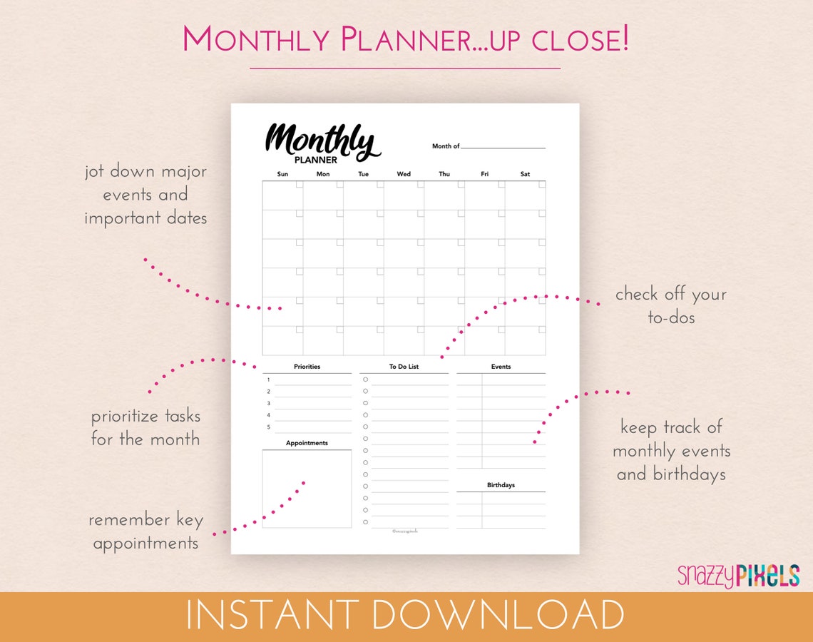 Productivity Planner Printable PDF B&amp;W Daily Weekly Monthly | Etsy