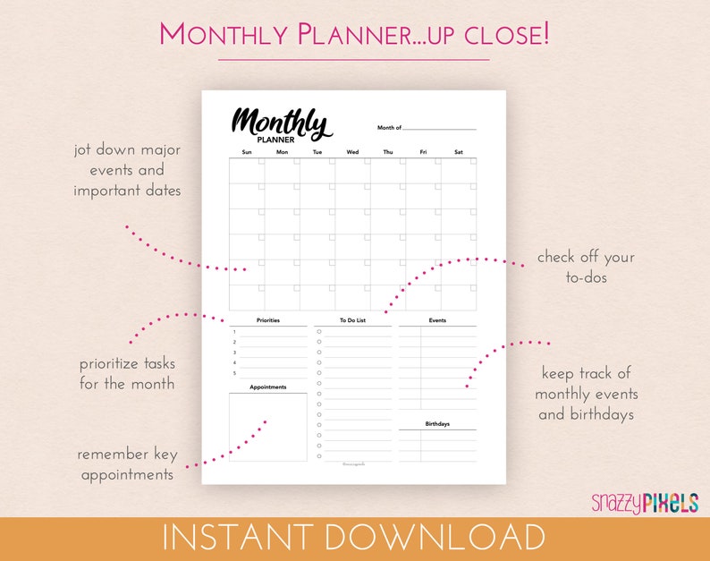 Productivity Planner Printable PDF B&W Daily Weekly Monthly | Etsy