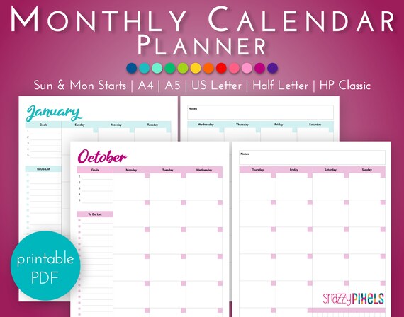 Monthly Calendar Planner Printable PDF color Undated - Etsy