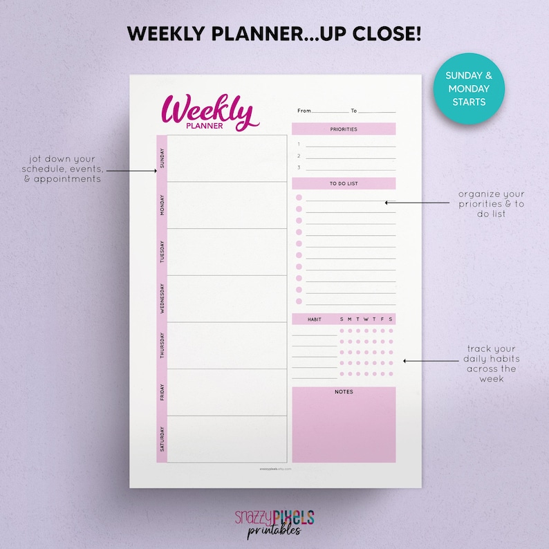 May include: A printable weekly planner with a pink and white colour scheme. The planner includes sections for daily scheduling, to-do lists, habit tracking, and notes. The text "Weekly Planner" is written in a pink cursive font.