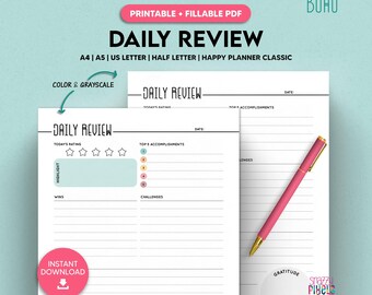 Daily Review Printable, Fillable PDF, Boho Style