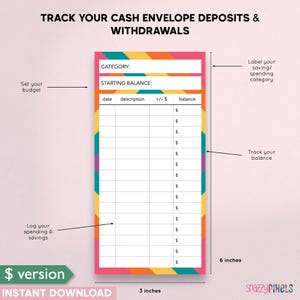 Op de afbeelding: Printbare cash envelope tracker met een regenboogkleurige gestreepte rand. De tracker heeft kolommen voor datum, beschrijving, plus of min en saldo. De tracker is 15,24 cm hoog en 7,62 cm breed.
