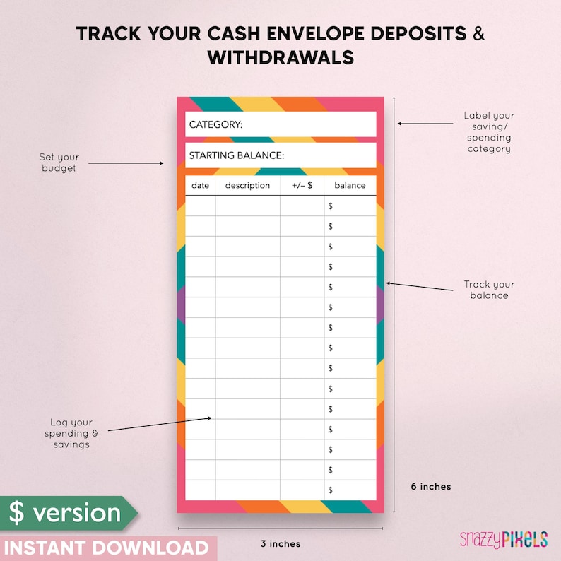 Op de afbeelding: Printbare cash envelope tracker met een regenboogkleurige gestreepte rand. De tracker heeft kolommen voor datum, beschrijving, plus of min en saldo. De tracker is 15,24 cm hoog en 7,62 cm breed.