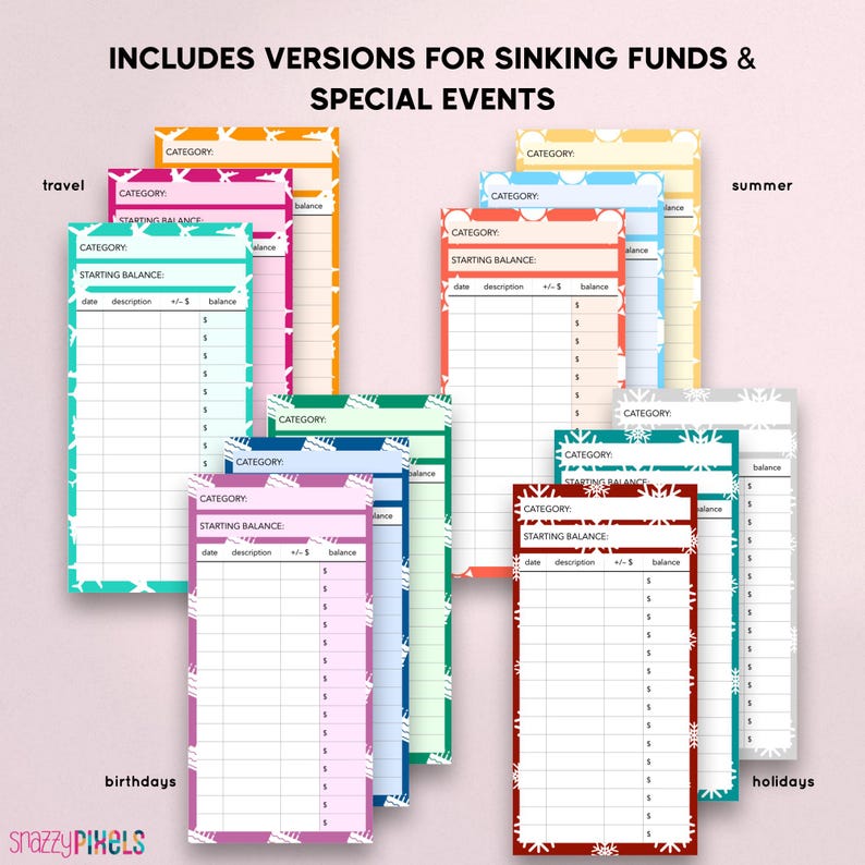 Op de afbeelding: Een set printbare budget trackers met verschillende kleurrijke ontwerpen en categorie&euml;n, waaronder reizen, verjaardagen, zomer en feestdagen. Elke tracker heeft een sectie voor het start saldo, de datum, de beschrijving en het saldo.