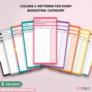 Op de afbeelding: Een set printbare budgettrackers met verschillende gekleurde achtergronden en patronen. Elke tracker heeft een sectie voor categorie, startbalans, datum, beschrijving en saldo. De tekst "$ version" staat onderaan de afbeelding.