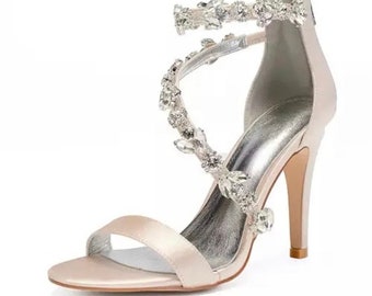 High Heels Rhinestones Wedding Sandals Shoes Women Open Toe Satin Zipper Back Strap Evening Party Summer Ladies Sandals