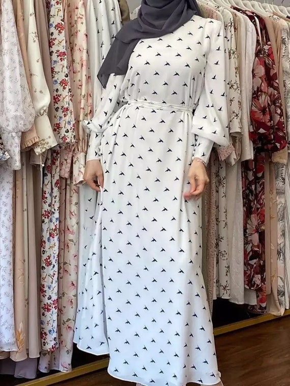 ZAHIRA Dubai Abaya White Printed Long Dress Ankle Length Dress
