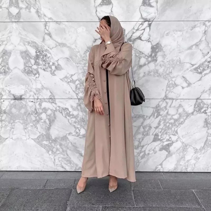 Muslim Women Solid Color Open Front Abaya Dress With Hijab main image 1