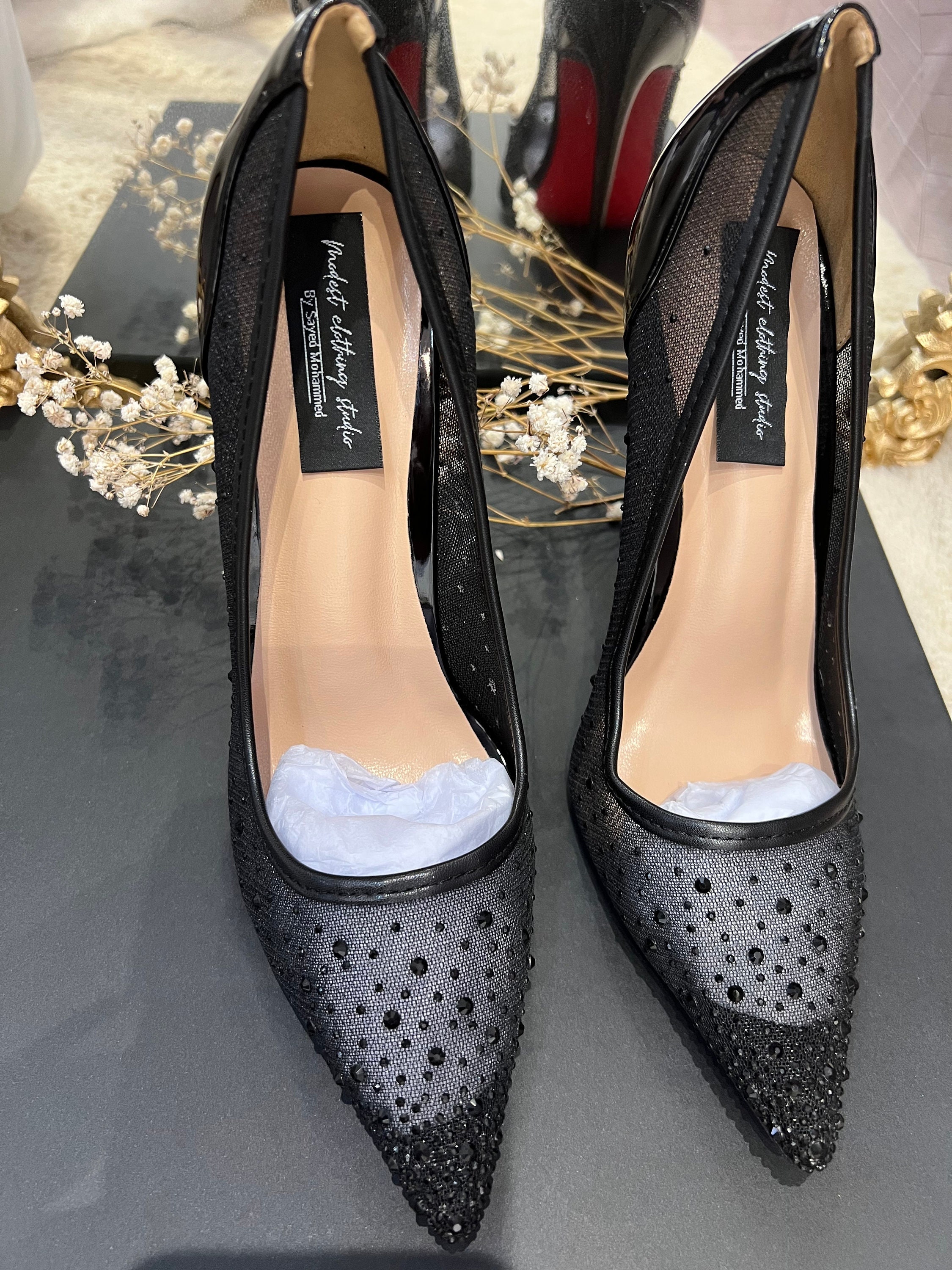Rhinestone Women Pumps Shoes Closed Toe Heels Black Gray 