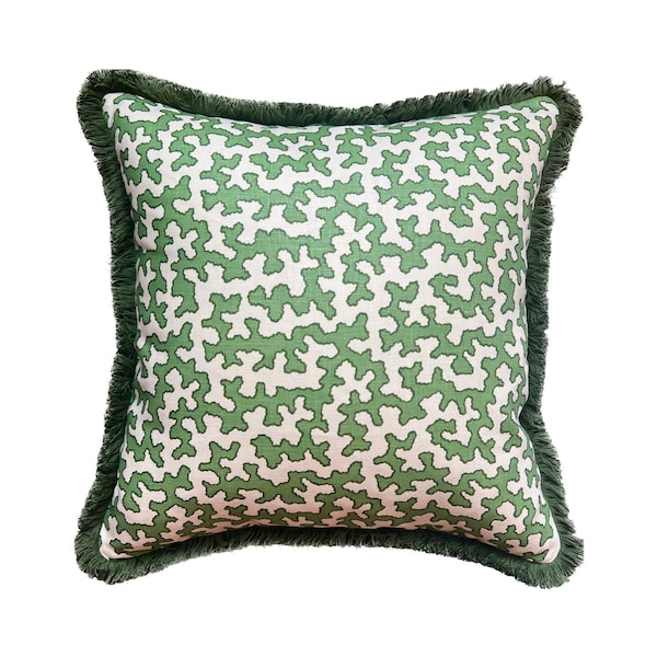 Colefax & Fowler Squiggle Green Fringed Cushion 45 x 45cm