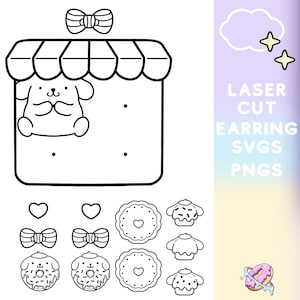 8つのかわいいぽっちゃり子犬キャラクターのドーナツ/カップケーキイヤリングクリップアートデザイン - インスタントデジタルダウンロードPng SVG Glowforgeファイル