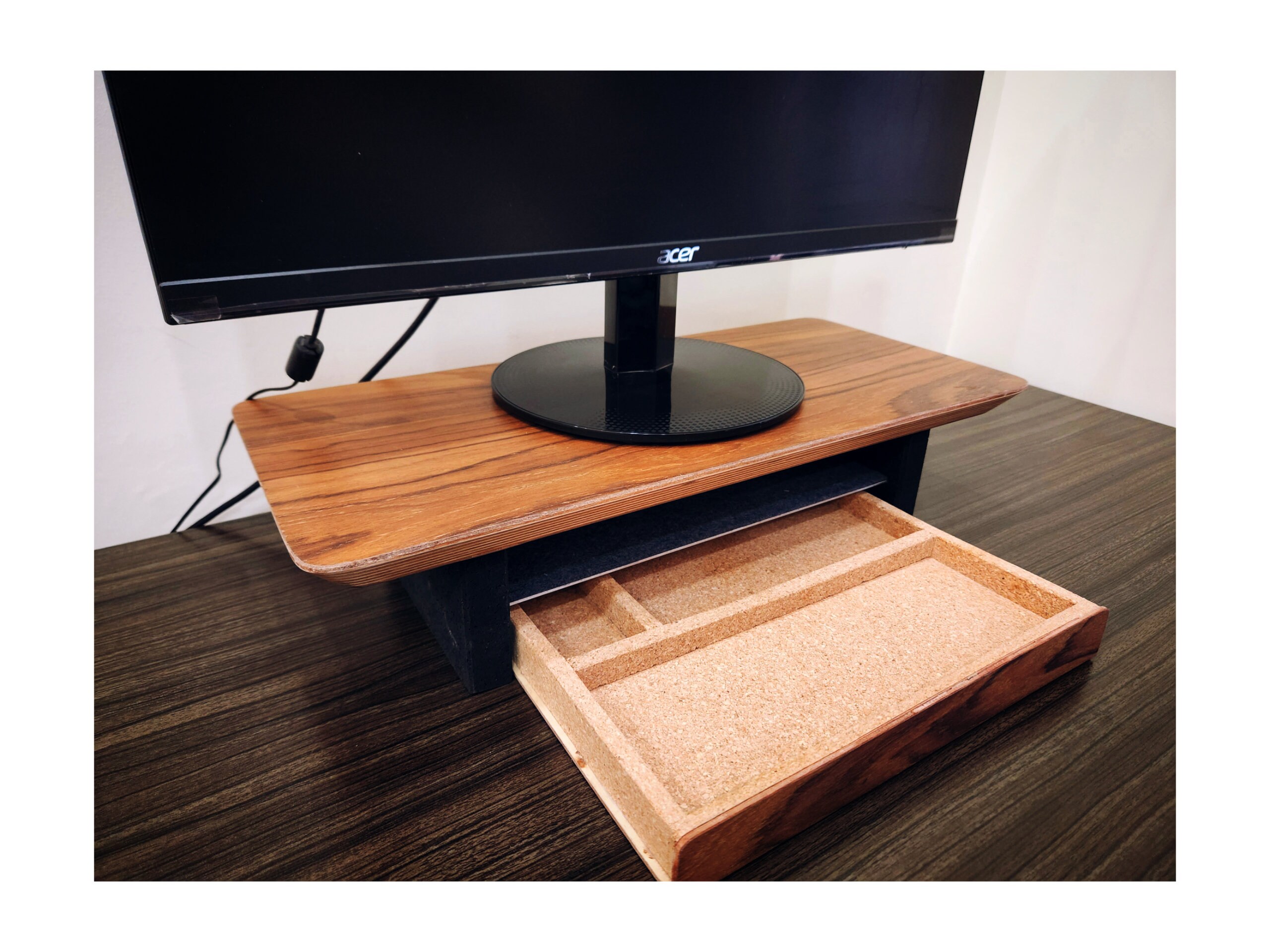 Large Dual Monitor Stand Riser, Solid Wood Desk Shelf with Eco Cork