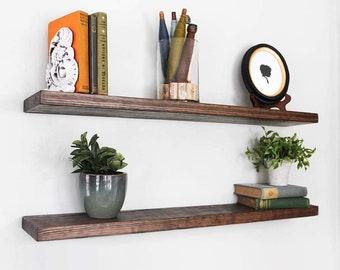 Étagère en bois massif DeskVue (ensemble de 2), étagère flottante avec support, moderne du milieu du siècle, faite à la main, étagère, bois d'arbre, étagère murale, support en acier