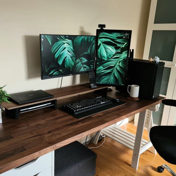 46" Dual-Monitor-Schreibtischregal | Handgefertigter Holzständer mit Aluminiumregal für die Büroaufbewahrung | Home-Office-Schreibtischzubehör