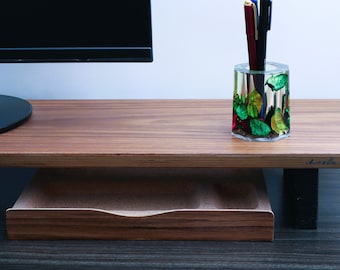 DeskVue Plateau de bureau sculpté à la main, sans joints, cadre en bois massif, accessoires de bureau, organisateur de table en bois, tiroir de bureau, bac de récupération