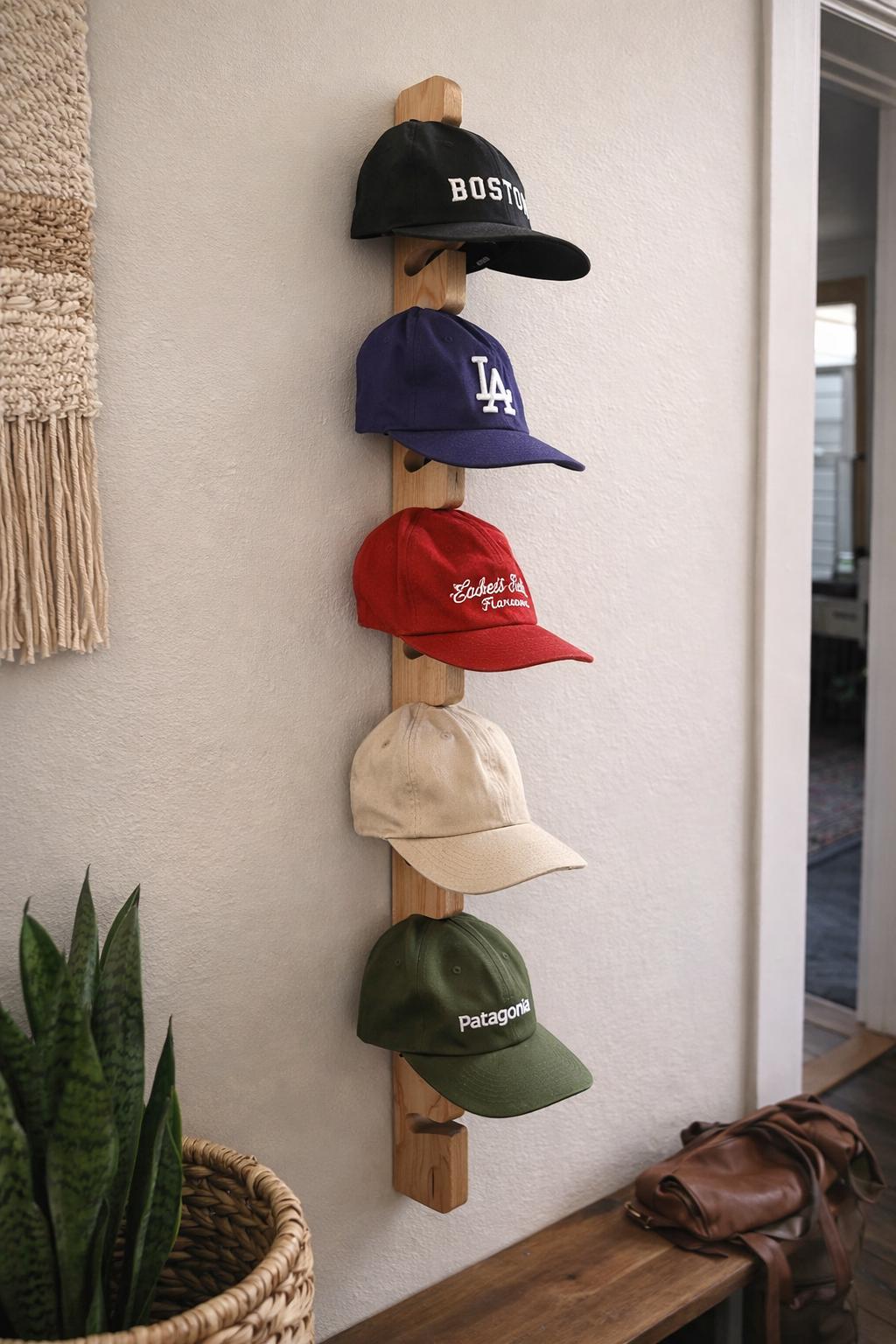 Porte manteau et chapeau mural vintage en bois et métal trois double