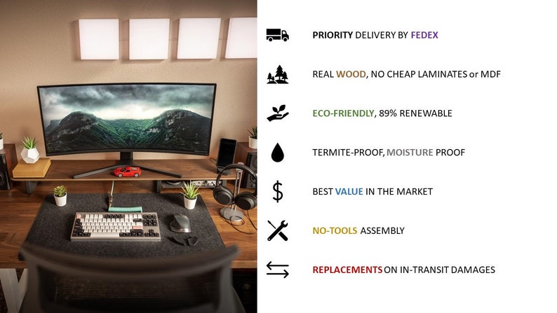 DeskVue Solid Wooden Desk Shelf 46'' Mid Century image 5