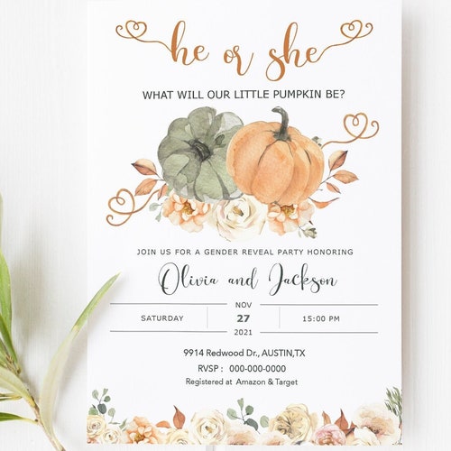 PUMPKIN Gender Reveal Invitation Template Fall Invite | Etsy