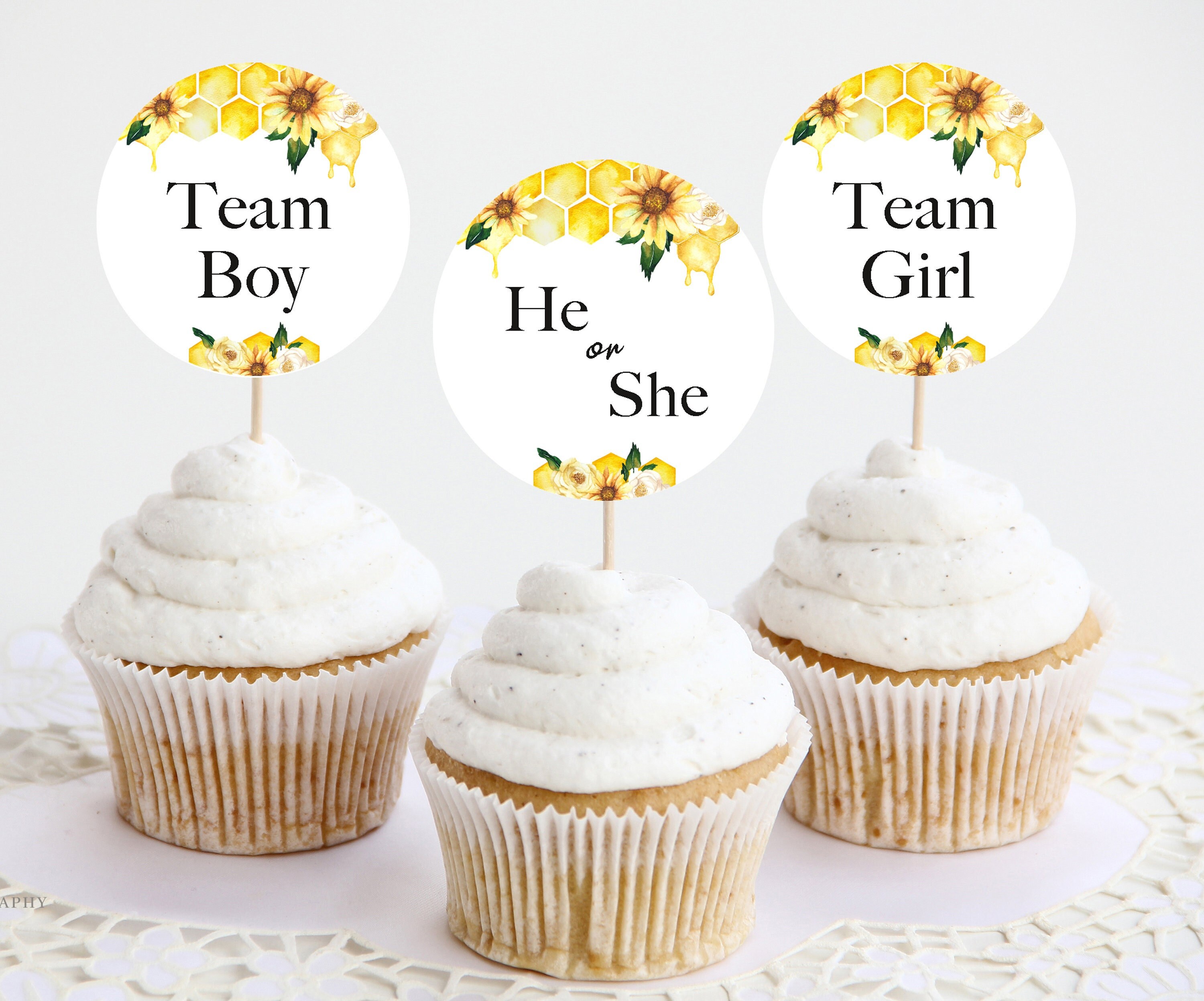 Bee Gender Reveal Cupcake Toppers He Or She What Will It Etsy