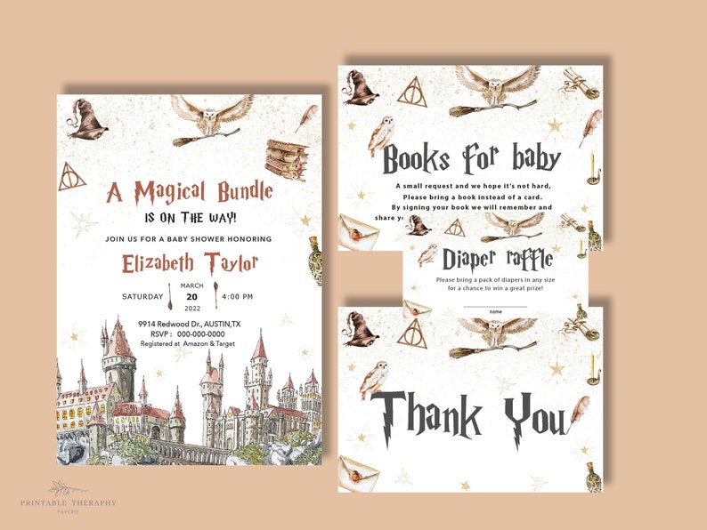 Harry Potter baby shower invitation, diaper raffle, books for baby, thank you card