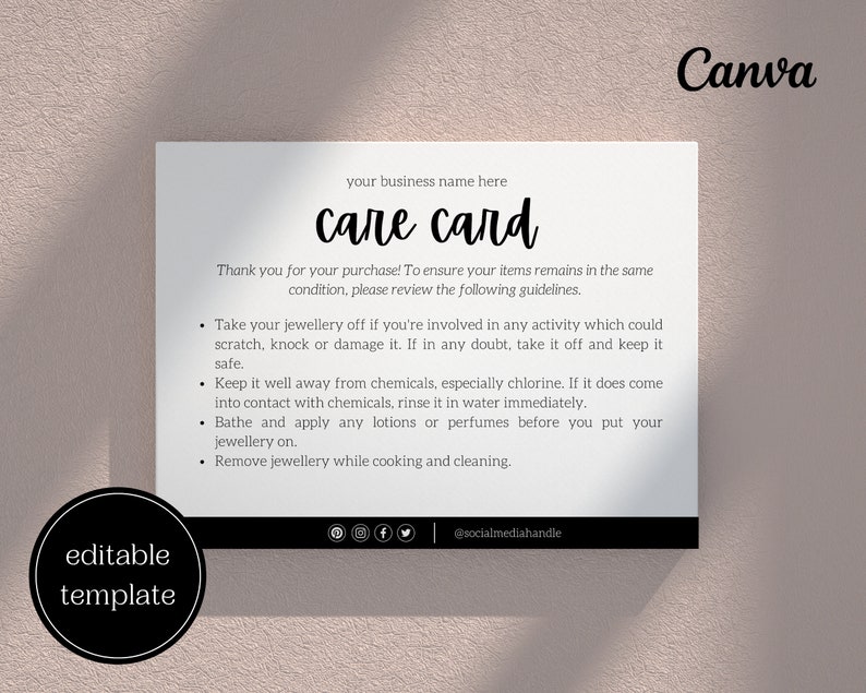 Printable Thank You and Care Card for Jewelry Template for Small ...