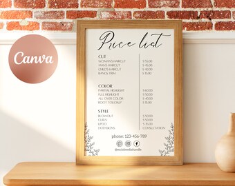 Price list template | Editable small business price list canva template | Salon pricing list | Modern Pricing list | Instant download